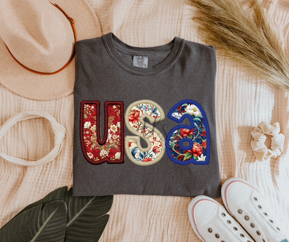 USA Floral Faux Embroidery Custom Exclusive T-Shirt
