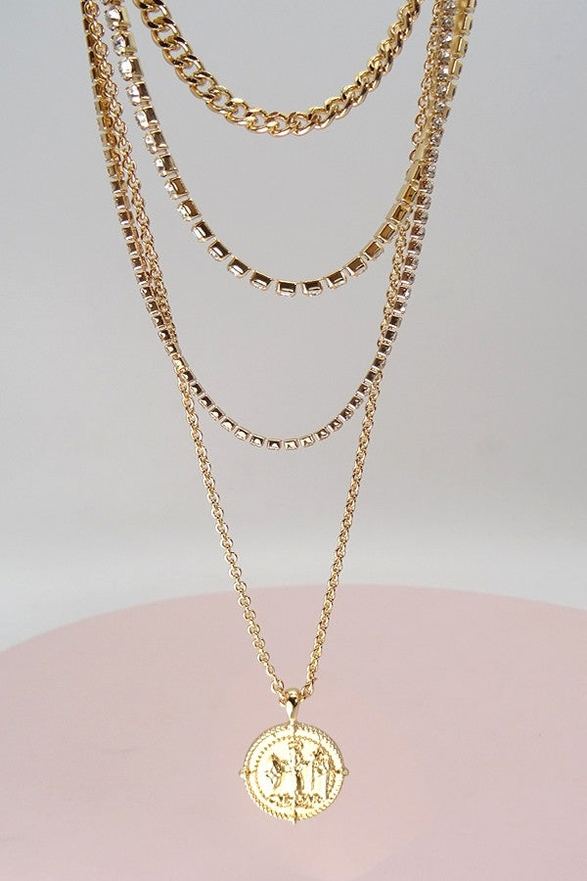 Double Rhinestone Chain Coin Drop Layer Necklace