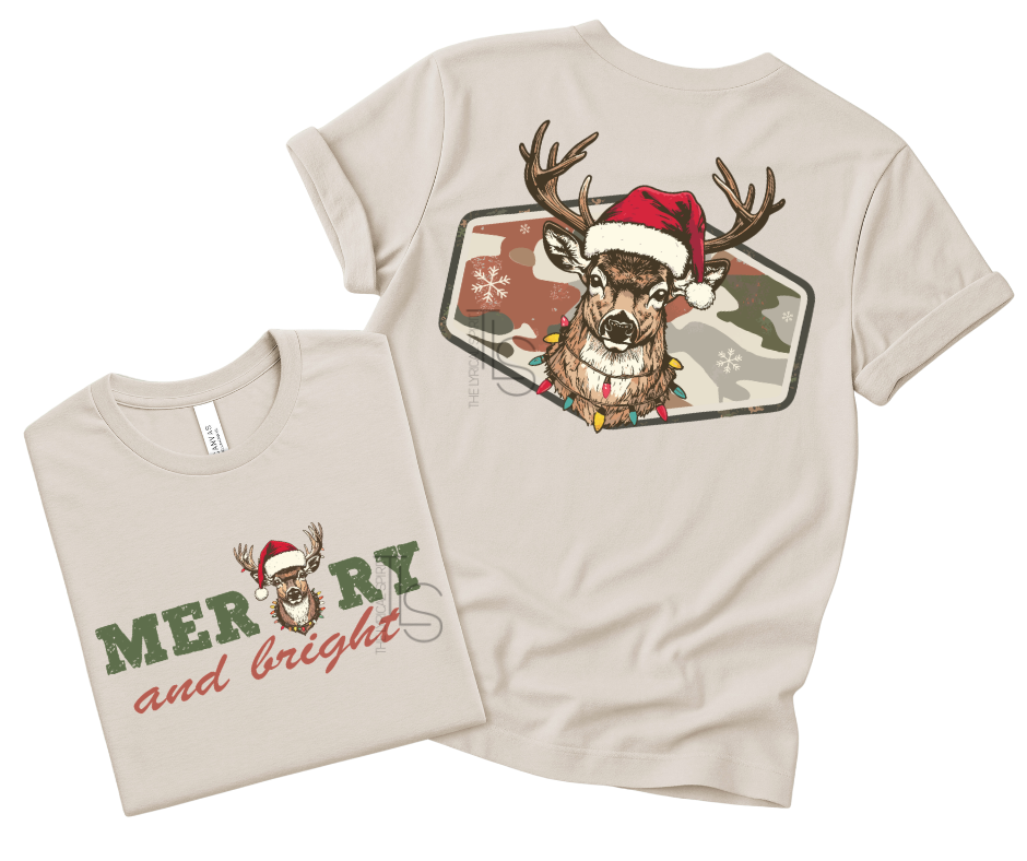 Merry & Bright Deer Camo Christmas T-Shirt