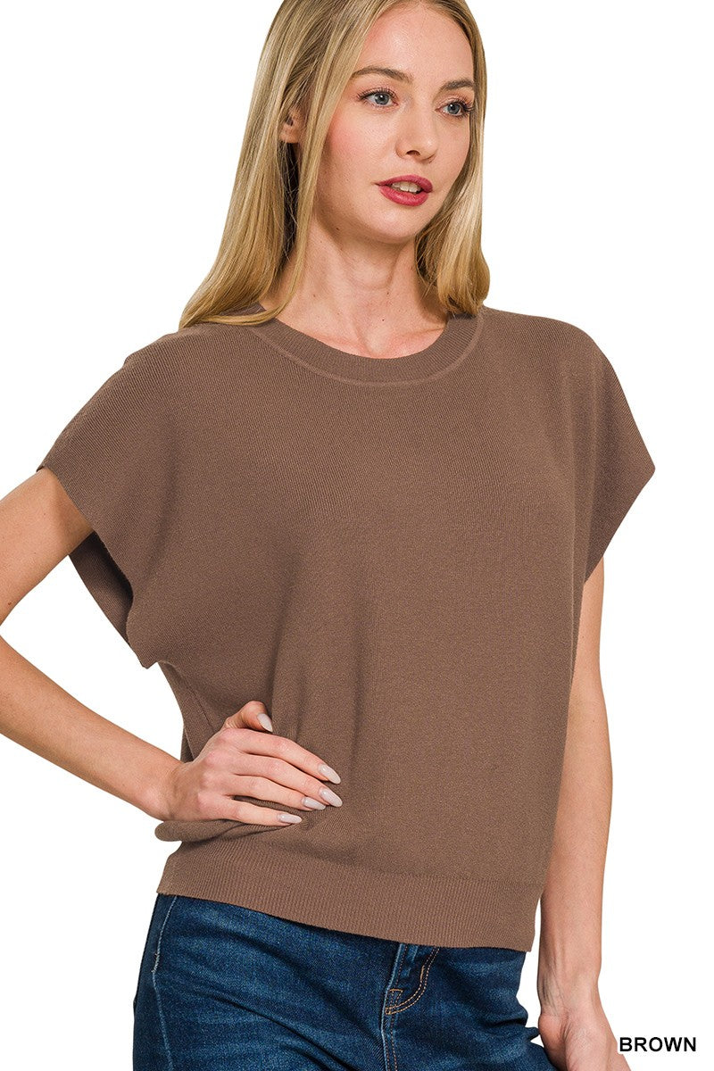 Viscose Mock Neck Short Sleeve Boxy Sweater - Brown