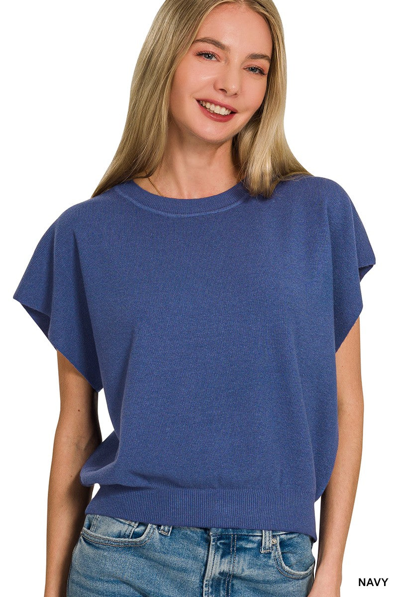 Viscose Mock Neck Short Sleeve Boxy Sweater - Blue