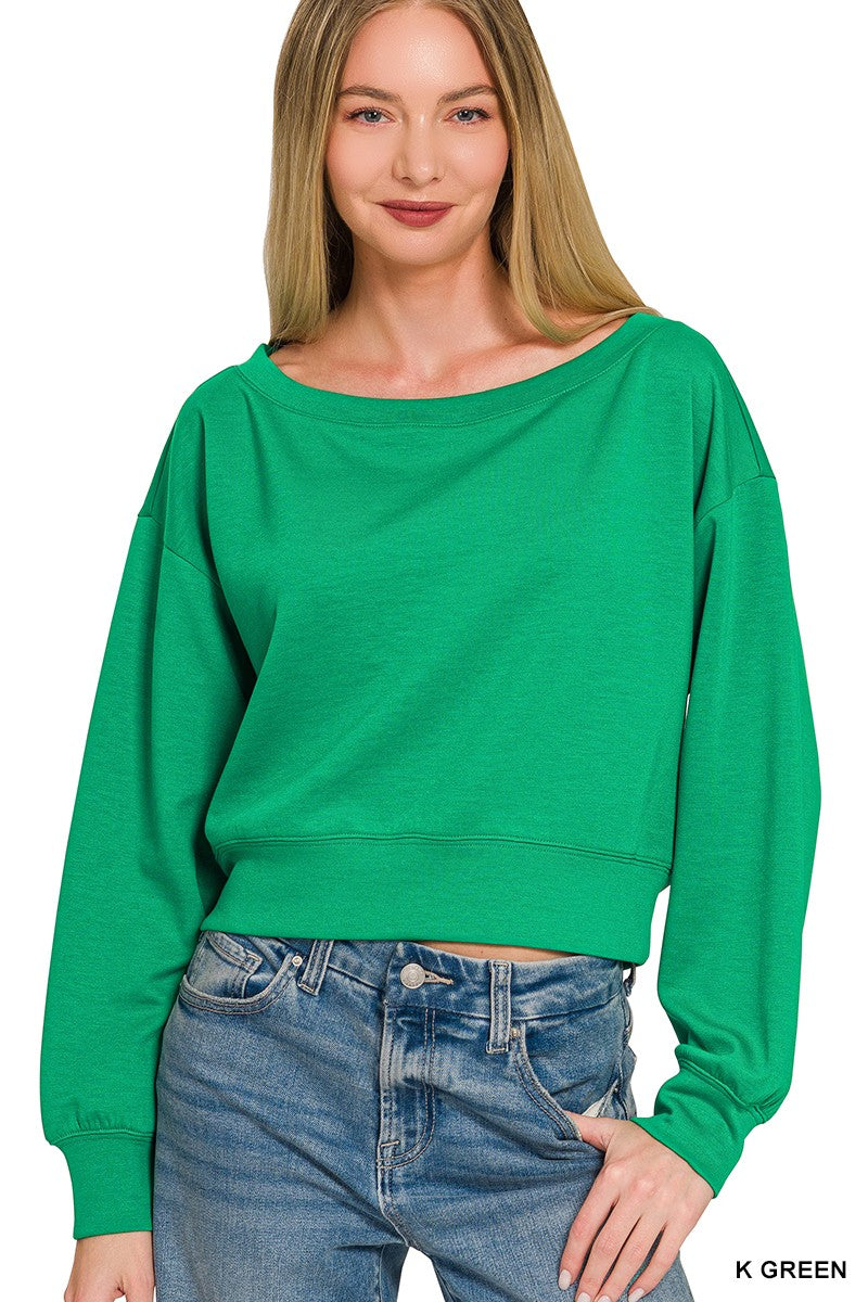Scuba Cropped Boat Neck Pullover - Green