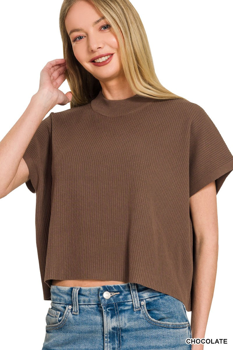 Round Neck Short Dolman Sleeve Sweater - Dk Brown