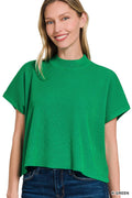 Viscose Mock Neck Short Sleeve Boxy Sweater - Green