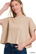 Viscose Mock Neck Short Sleeve Boxy Sweater - Tan