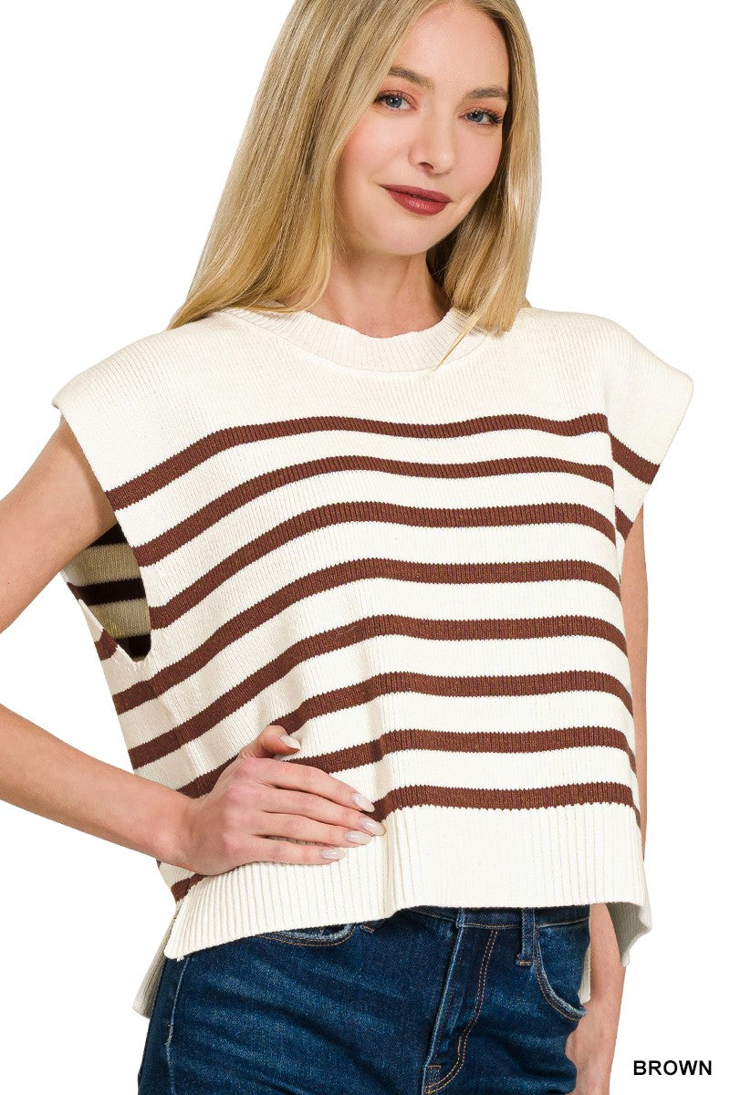 Oversized Crew Neck Stripe Sweater Vest - Brown
