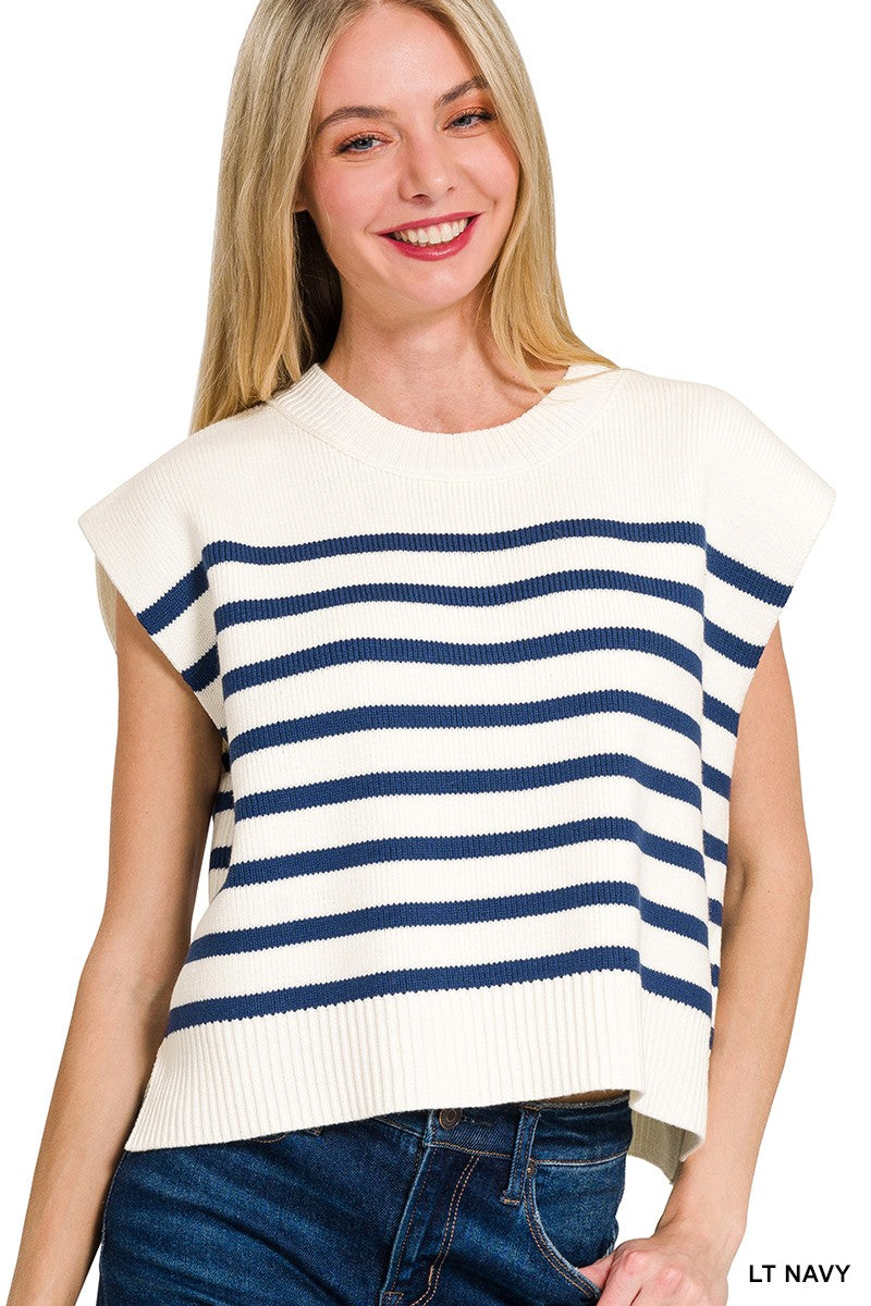 Oversized Crew Neck Stripe Sweater Vest - Blue