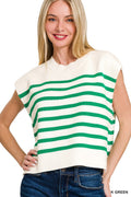 Oversized Crew Neck Stripe Sweater Vest - Green