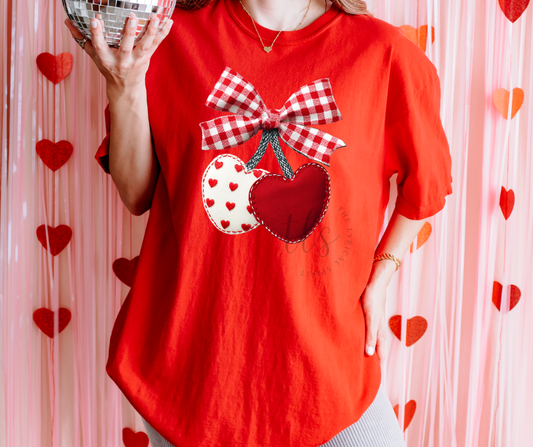 Patchwork Cherry Hearts Valentine's T-Shirt