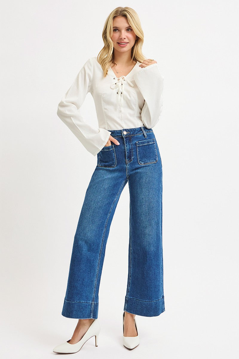 RISEN High Rise Crop Wide Front Patch Pocket Jeans