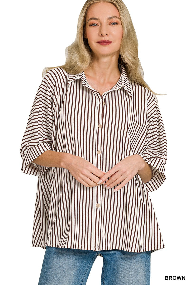 Oversized Stripe Button Down Shirt - Brown