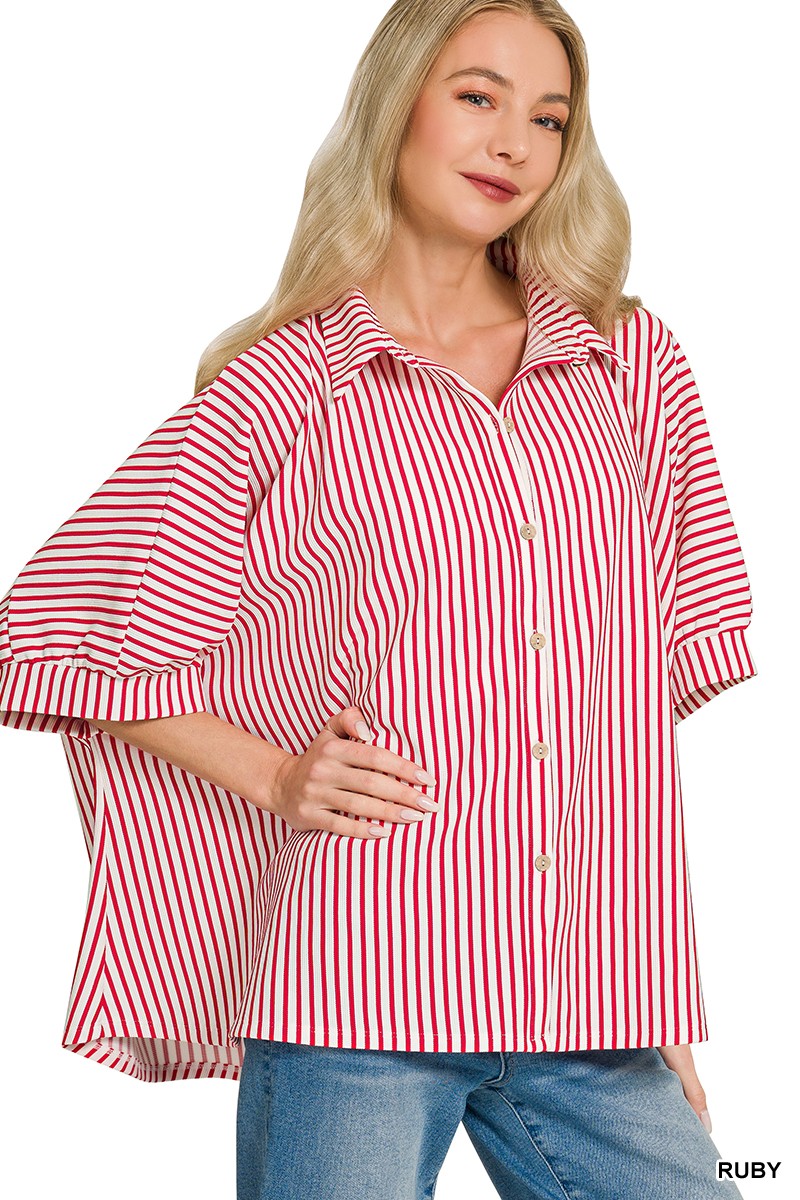 Oversized Stripe Button Down Shirt - Red