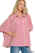 Oversized Stripe Button Down Shirt - Red