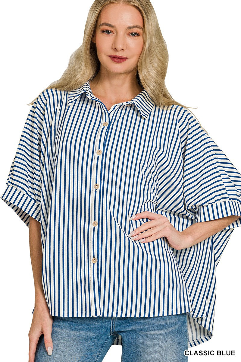 Oversized Stripe Button Down Shirt - Blue