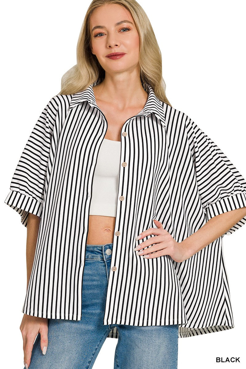 Oversized Stripe Button Down Shirt - Black