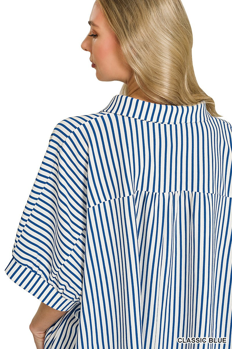 Oversized Stripe Button Down Shirt - Blue