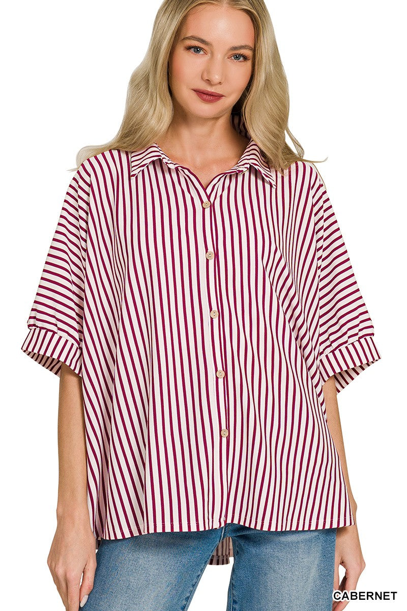 Oversized Stripe Button Down Shirt - Maroon