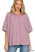 Oversized Stripe Button Down Shirt - Maroon