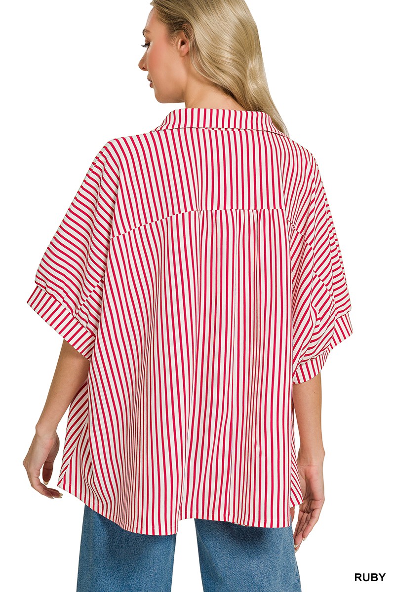 Oversized Stripe Button Down Shirt - Red