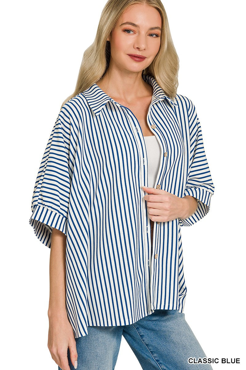 Oversized Stripe Button Down Shirt - Blue