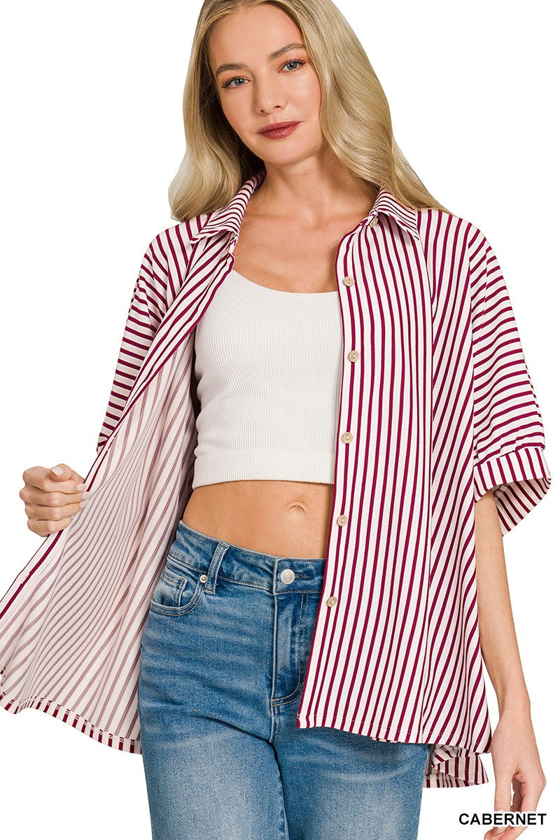 Oversized Stripe Button Down Shirt - Maroon