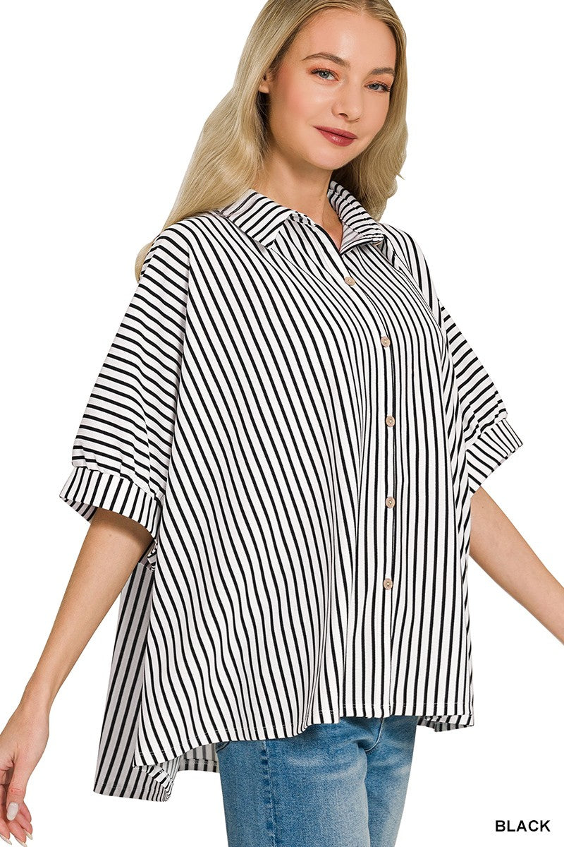 Oversized Stripe Button Down Shirt - Black
