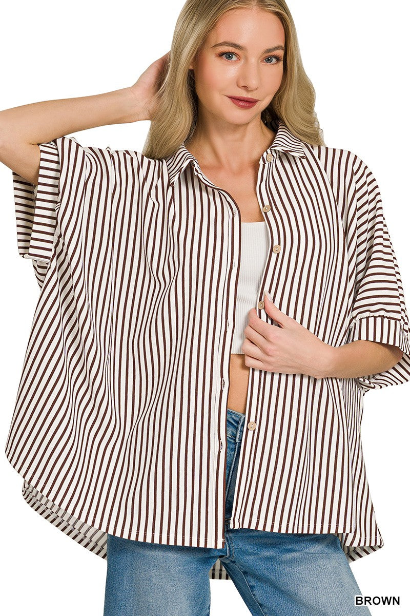 Oversized Stripe Button Down Shirt - Brown
