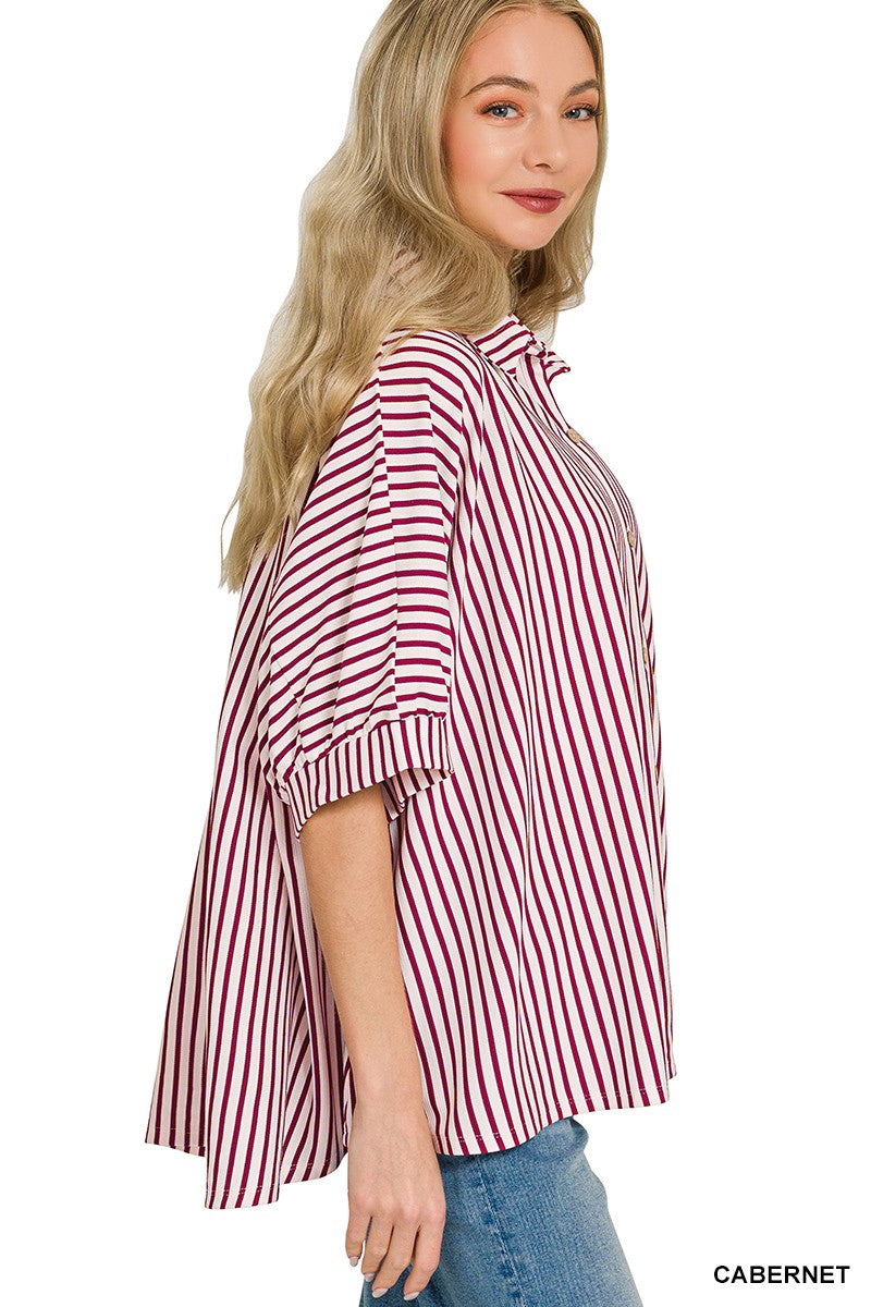 Oversized Stripe Button Down Shirt - Maroon