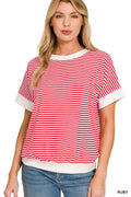Stripe Contrast Trim Rib Banded Top - Red