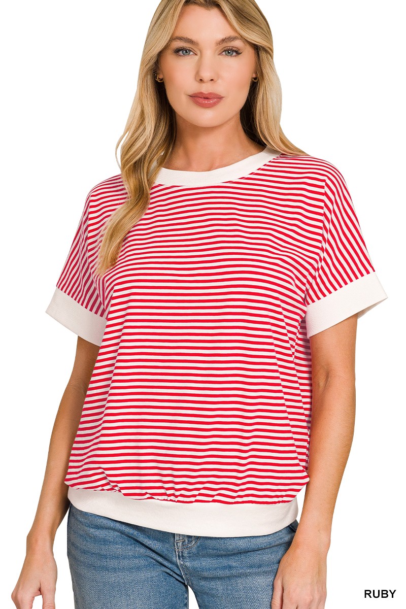 Stripe Contrast Trim Rib Banded Top - Red