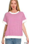 Stripe Contrast Trim Rib Banded Top - Magenta