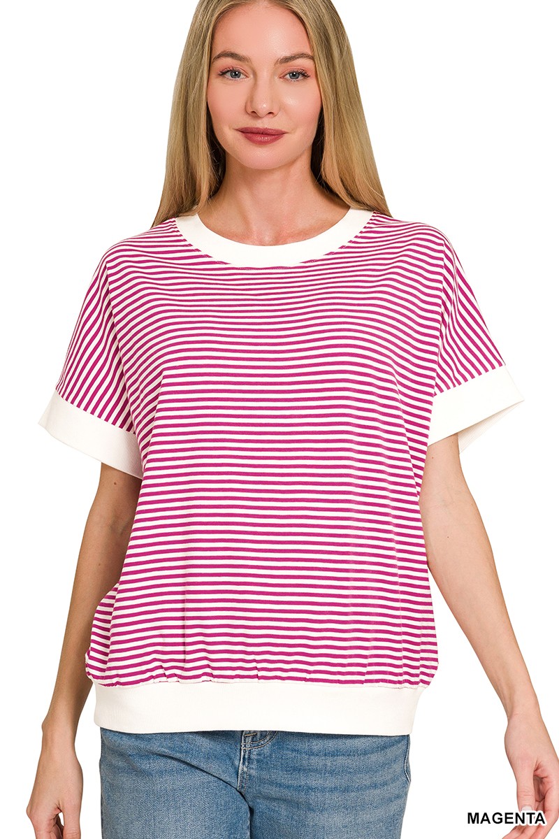 Stripe Contrast Trim Rib Banded Top - Magenta