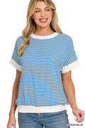 Stripe Contrast Trim Rib Banded Top - Ocean Blue