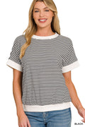 Stripe Contrast Trim Rib Banded Top - Black