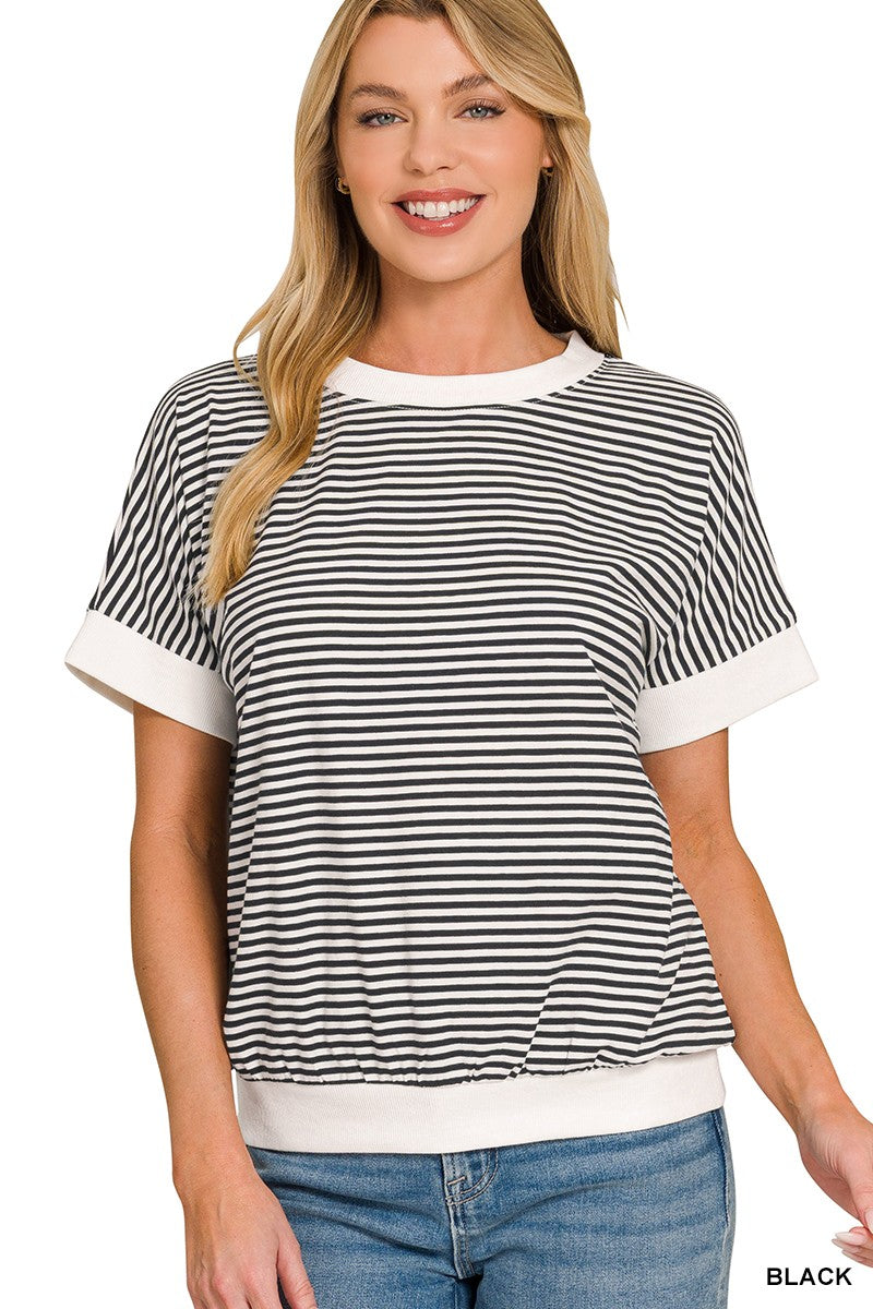 Stripe Contrast Trim Rib Banded Top - Black