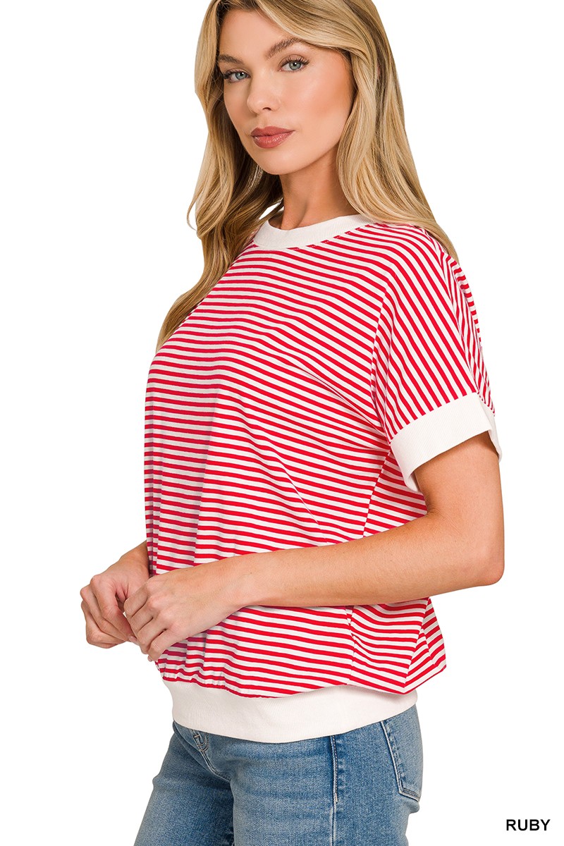 Stripe Contrast Trim Rib Banded Top - Red