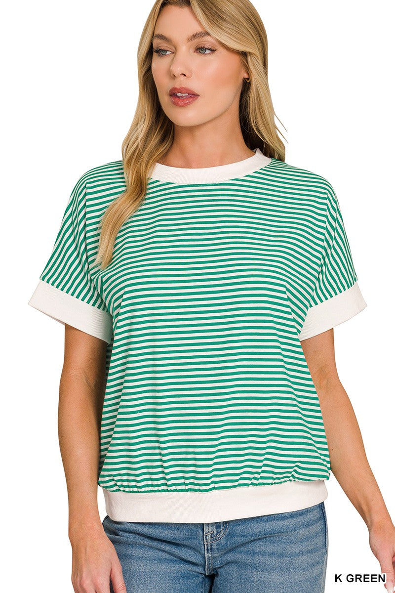 Stripe Contrast Trim Rib Banded Top - Green