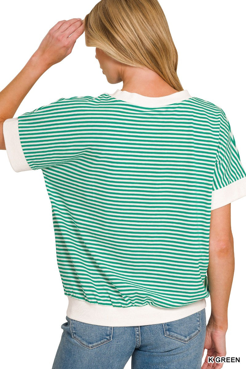 Stripe Contrast Trim Rib Banded Top - Green