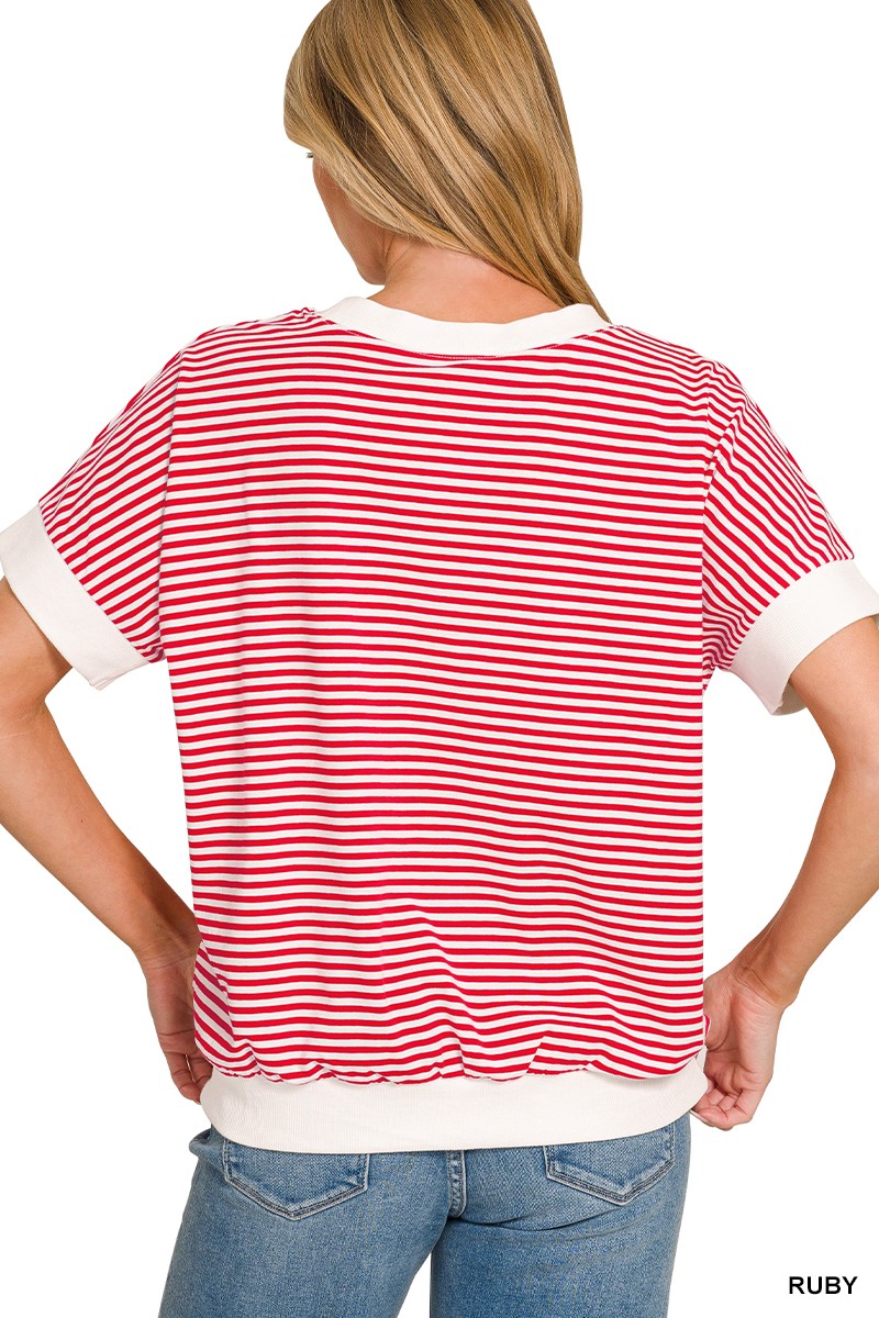 Stripe Contrast Trim Rib Banded Top - Red