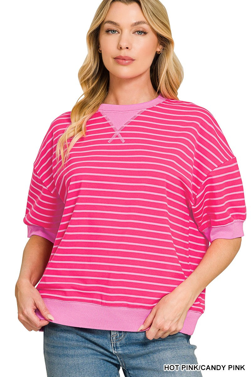 Striped Rib Banded Pullover -Pink/Candy Pink