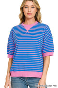 Striped Rib Banded Pullover -Blue/Candy Pink