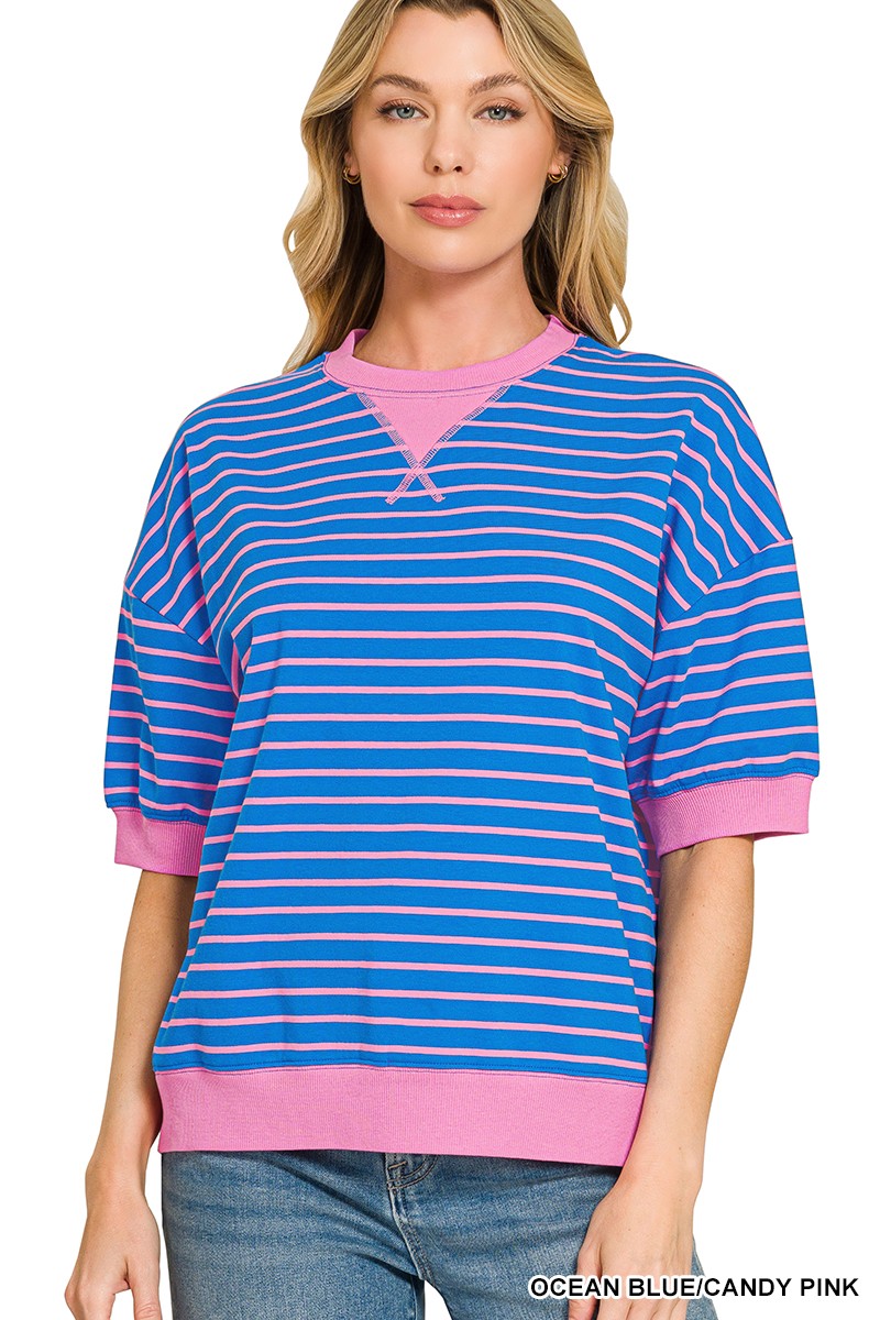 Striped Rib Banded Pullover -Blue/Candy Pink