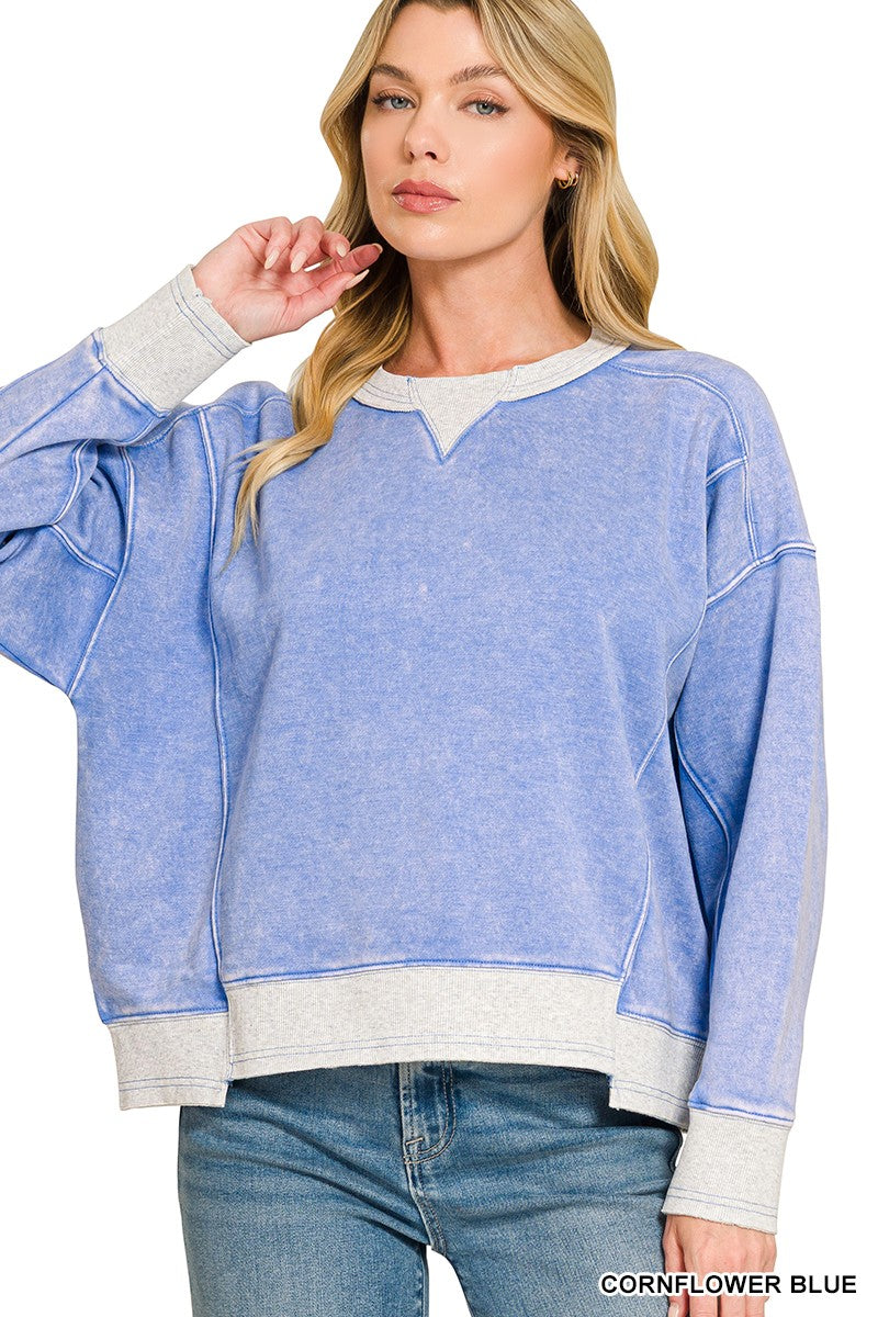 Acid Washed Fleece Contrast Trim Sweatshirt