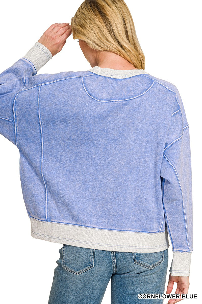 Acid Washed Fleece Contrast Trim Sweatshirt