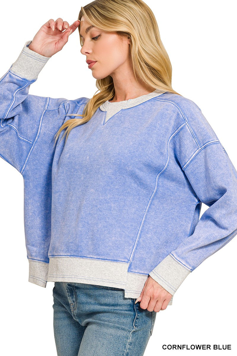 Acid Washed Fleece Contrast Trim Sweatshirt