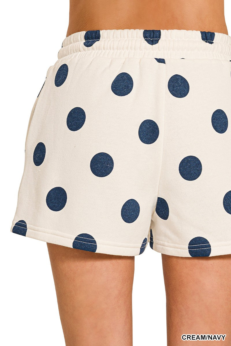 Fleece Polka Dot Print Round Neck Pullover & Shorts Set - Navy