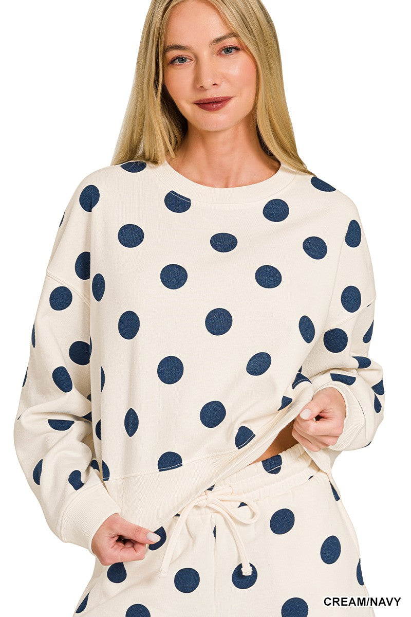 Fleece Polka Dot Print Round Neck Pullover & Shorts Set - Navy