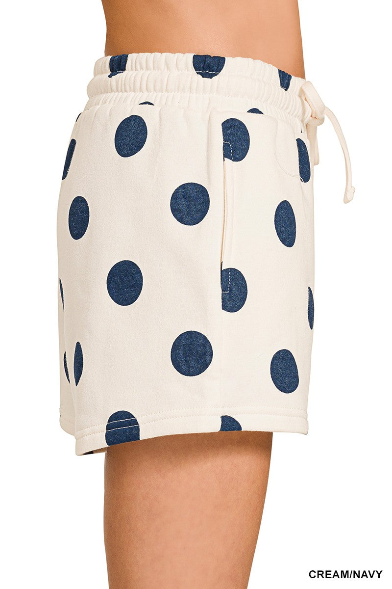 Fleece Polka Dot Print Round Neck Pullover & Shorts Set - Navy
