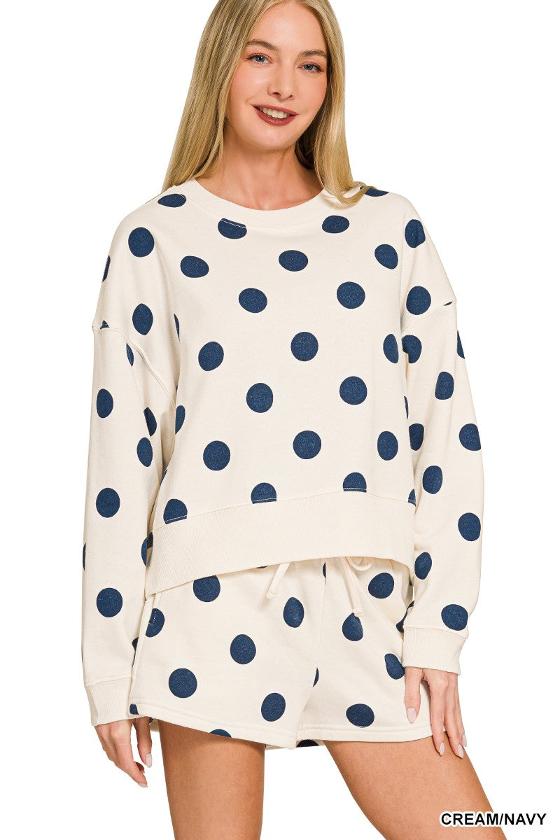 Fleece Polka Dot Print Round Neck Pullover & Shorts Set - Navy