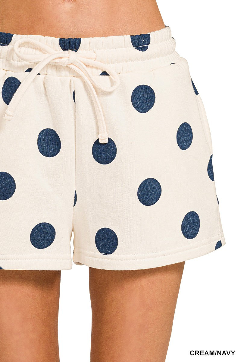Fleece Polka Dot Print Round Neck Pullover & Shorts Set - Navy